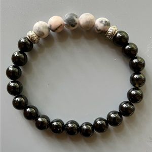 Frosted Pink Zebra Jasper and Black Obsidian Handcrafted Bead Bracelet